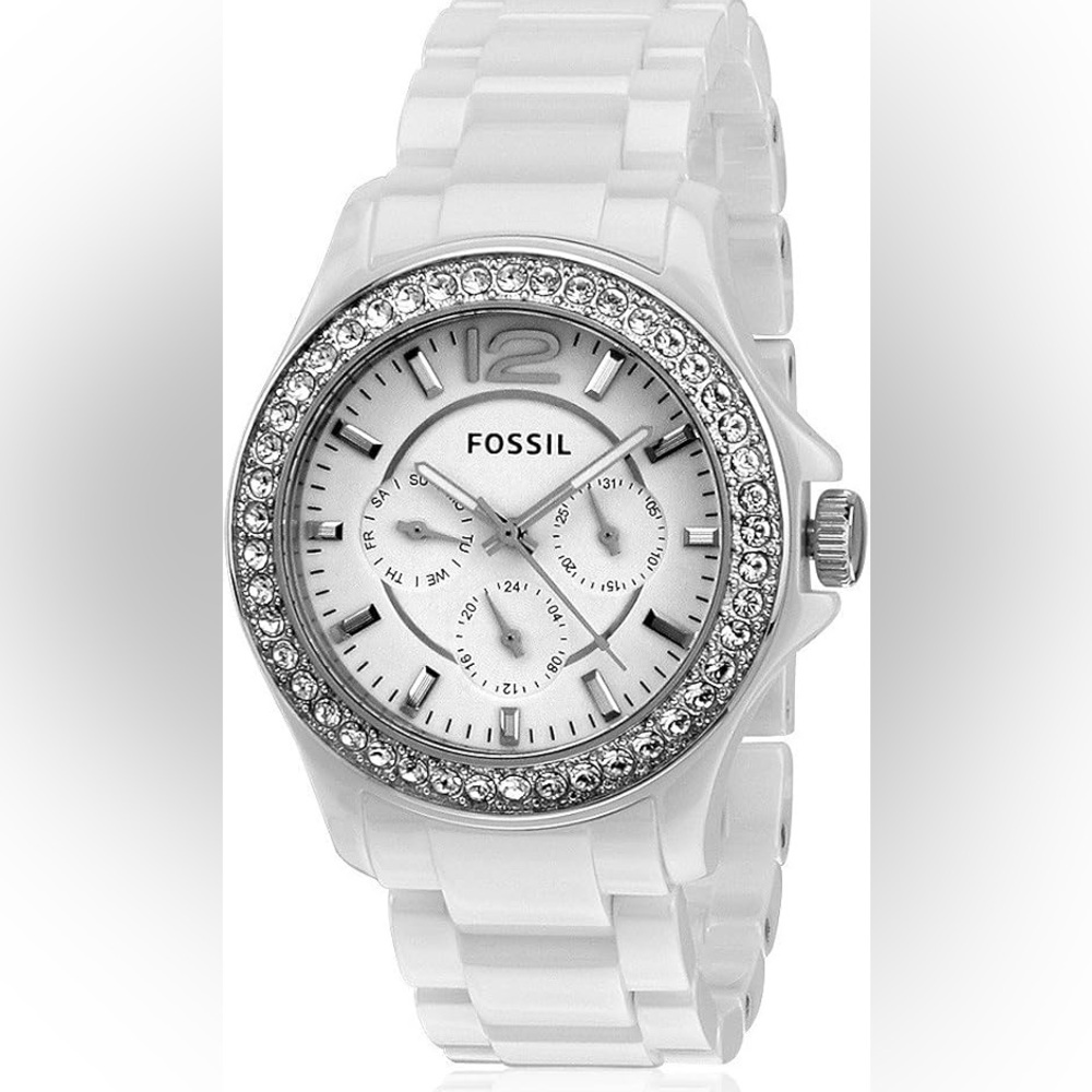 Fossil Riley pearl white ceramic watch Swarovski crystals
